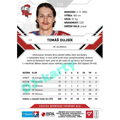 2021/22 Sportzoo TIPSPORT ELH #130 Tomáš Dujsík