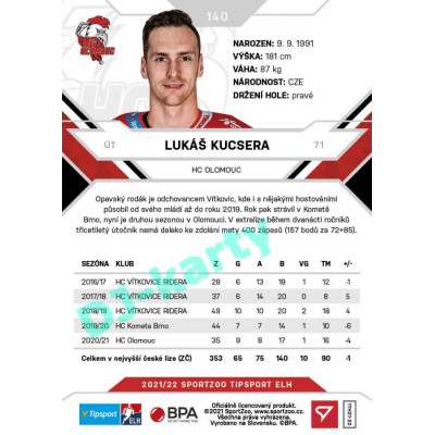 2021/22 Sportzoo TIPSPORT ELH #140 Lukáš Kucsera