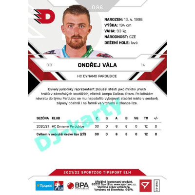 2021/22 Sportzoo TIPSPORT ELH #098 Ondřej Vála