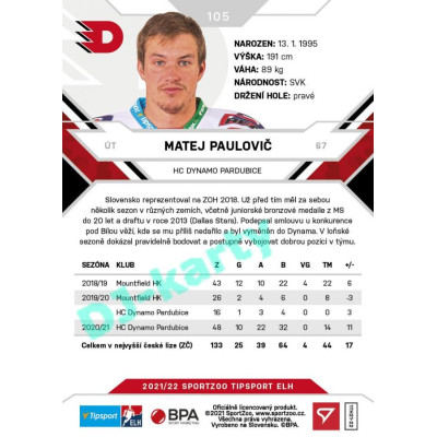 2021/22 Sportzoo TIPSPORT ELH #105 Matej Paulovič