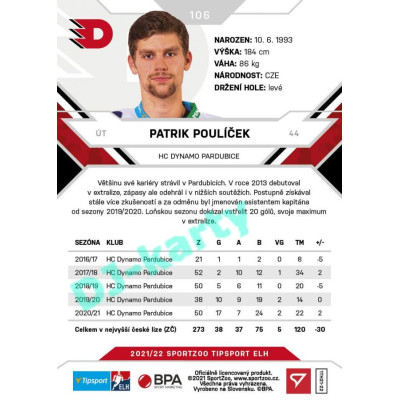 2021/22 Sportzoo TIPSPORT ELH #106 Patrik Poulíček