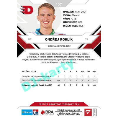 2021/22 Sportzoo TIPSPORT ELH #107 Ondřej Rohlík