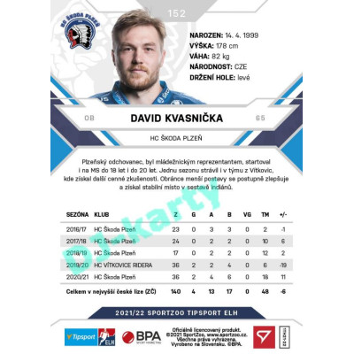 2021/22 Sportzoo TIPSPORT ELH #152 David Kvasnička