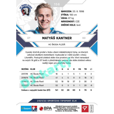 2021/22 Sportzoo TIPSPORT ELH #156 Matyáš Kantner
