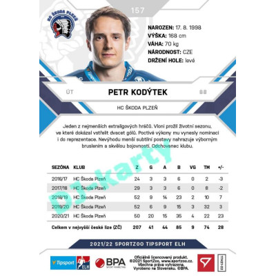 2021/22 Sportzoo TIPSPORT ELH #157 Petr Kodýtek