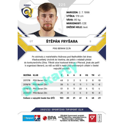 2021/22 Sportzoo TIPSPORT ELH #225 Štěpán Fryšara