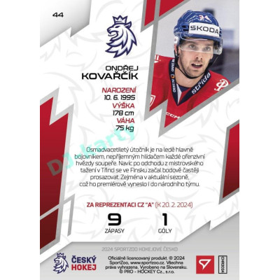 2024 Sportzoo Hokejové ČESKO #44 Ondřej Kovařčík