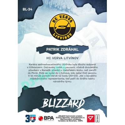 2022/23 Sportzoo ELH 1. série #BL-34 Patrik Zdráhal Blizzard Limited Red xx/30