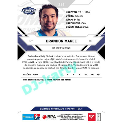 2021/22 Sportzoo TIPSPORT ELH 2. série #316 Brandon Magee