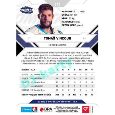 2021/22 Sportzoo TIPSPORT ELH 2. série #319 Tomáš Vincour