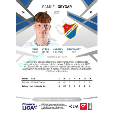 2024/25 Sportzoo Chance Liga 2. série #237 Samuel Grygar