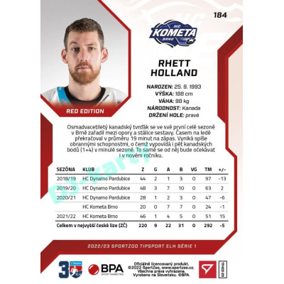 2022/23 Sportzoo ELH 1. série #184 Rhett Holland Red xx/49