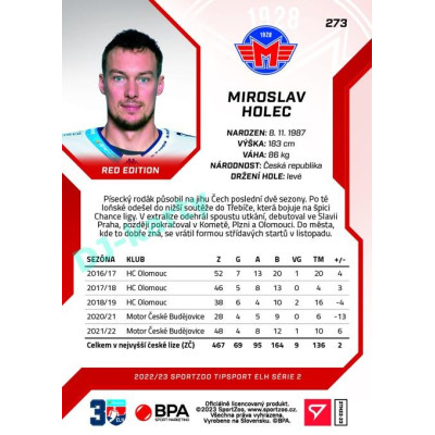 2022/23 Sportzoo ELH 2. série #273 Miroslav Holec Red xx/49