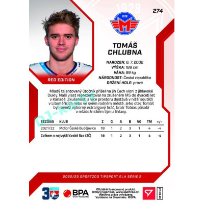 2022/23 Sportzoo ELH 2. série #274 Tomáš Chlubna Red xx/49