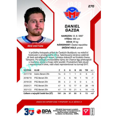 2022/23 Sportzoo ELH 2. série #270 Daniel Gazda Red xx/49