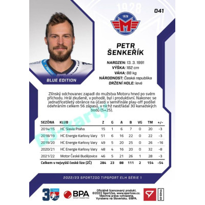 2022/23 Sportzoo ELH 1. série #041 Petr Šenkeřík Blue xx/99