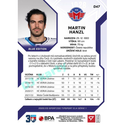 2022/23 Sportzoo ELH 1. série #047 Martin Hanzl Blue xx/99
