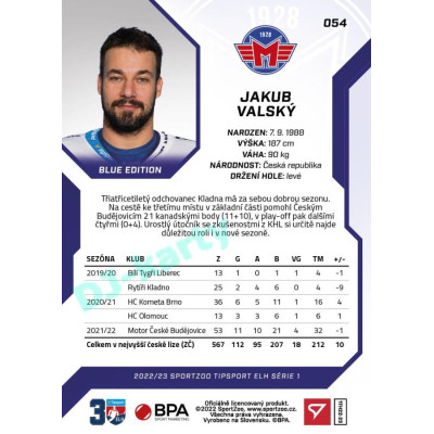 2022/23 Sportzoo ELH 1. série #054 Jakub Valský Blue xx/99
