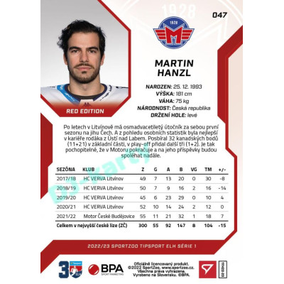 2022/23 Sportzoo ELH 1. série #047 Martin Hanzl Red xx/49