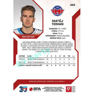 2022/23 Sportzoo ELH 1. série #052 Matěj Toman Red xx/49