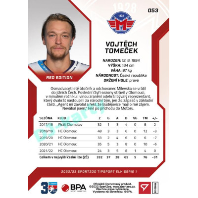 2022/23 Sportzoo ELH 1. série #053 Vojtěch Tomeček Red xx/49