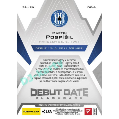 2023/24 Sportzoo Fortuna Liga 2. série #DF-6 Martin Pospíšil Debut Date Flashback