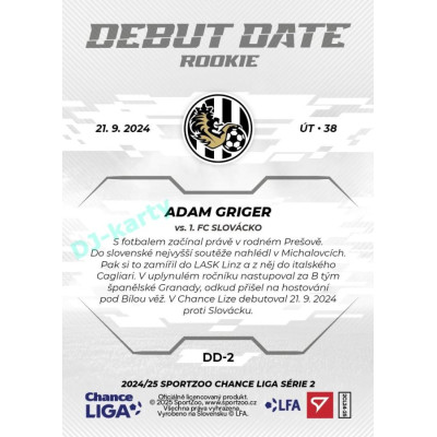 2024/25 Sportzoo Chance Liga 2. série #DD-2 Adam Griger Debut Date Rookie