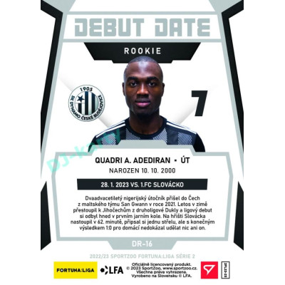 2022/23 Sportzoo Fortuna Liga 2. série #DR-16 Quadri A. Adediran Debut Date Rookie