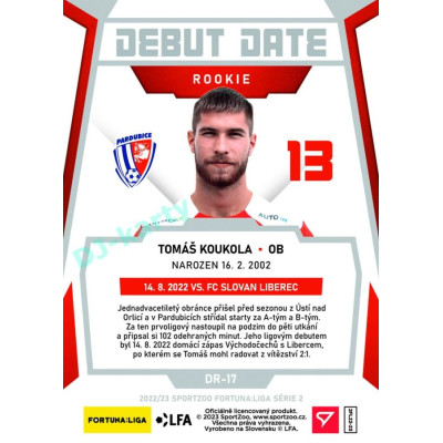 2022/23 Sportzoo Fortuna Liga 2. série #DR-17 Tomáš Koukola Debut Date Rookie