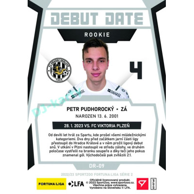 2022/23 Sportzoo Fortuna Liga 2. série #DR-09 Petr Pudhorocký Debut Date Rookie Limited xxx/149