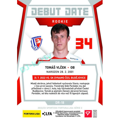 2022/23 Sportzoo Fortuna Liga 2. série #DR-18 Tomáš Vlček Debut Date Rookie Limited xxx/149