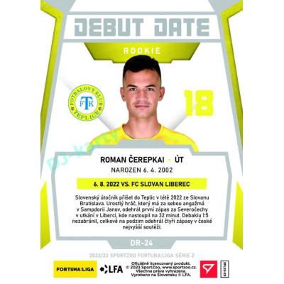 2022/23 Sportzoo Fortuna Liga 2. série #DR-24 Roman Čerepkai Debut Date Rookie Limited xxx/149