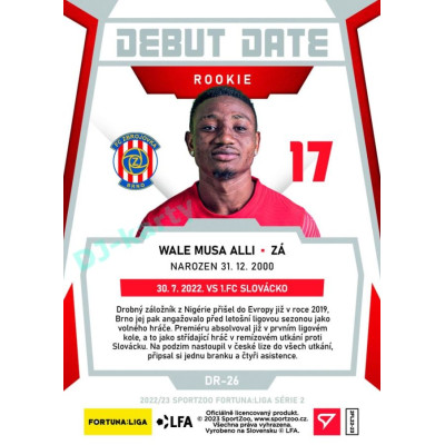 2022/23 Sportzoo Fortuna Liga 2. série #DR-26 Wale Mussa Alli Debut Date Rookie Limited xxx/149
