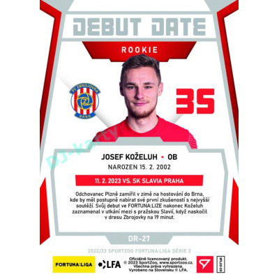 2022/23 Sportzoo Fortuna Liga 2. série #DR-27 Josef Koželuh Debut Date Rookie Limited xxx/149