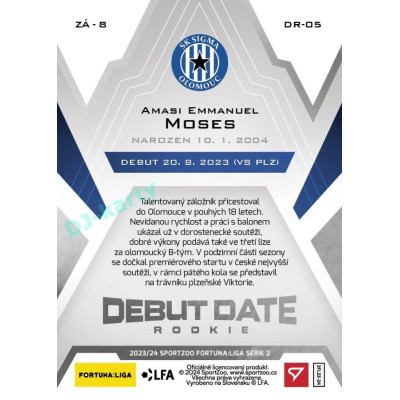 2023/24 Sportzoo Fortuna Liga 2. série #DR-05 Amasi Emmanuel Moses Debut Date Rookie
