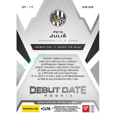 2023/24 Sportzoo Fortuna Liga 2. série #DR-09 Petr Juliš Debut Date Rookie