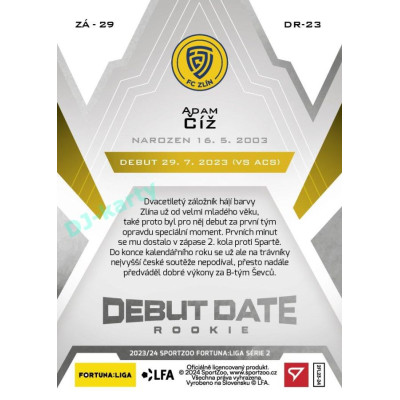 2023/24 Sportzoo Fortuna Liga 2. série #DR-23 Adam Číž Debut Date Rookie