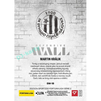 2023/24 Sportzoo Fortuna Liga 2. série #DW-18 Martin Králik Defensive Wall