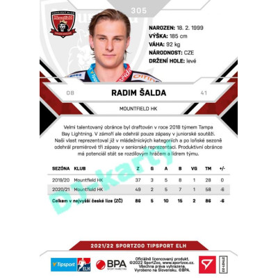 2021/22 Sportzoo TIPSPORT ELH 2. série #305 Radim Šalda