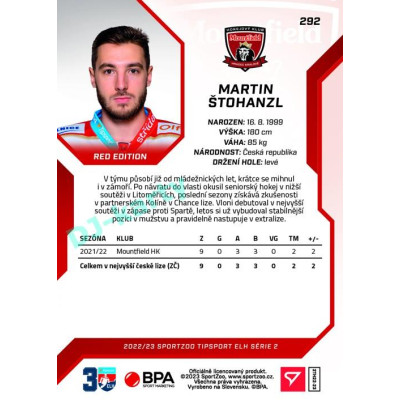 2022/23 Sportzoo ELH 2. série #292 Martin Štohanzl Red xx/49
