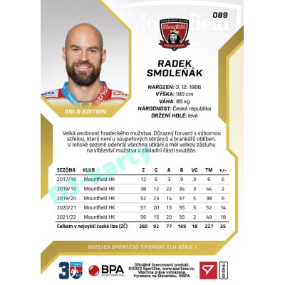 2022/23 Sportzoo ELH 1. série #089 Radek Smoleňák Gold xx/19