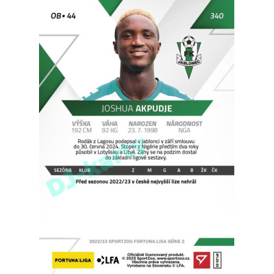 2022/23 Sportzoo Fortuna Liga 2. série #340 Joshua Akpudje