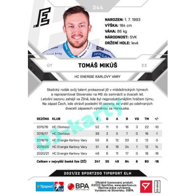 2021/22 Sportzoo TIPSPORT ELH 2. série #344 Tomáš Mikúš