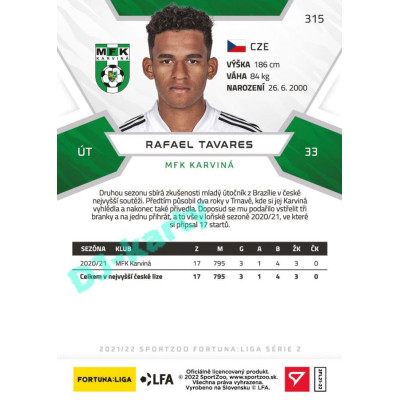 2021/22 Sportzoo Fortuna Liga 2. série #315 Rafael Tavares