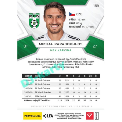 2021/22 Sportzoo Fortuna Liga Michal Papadopulos #159