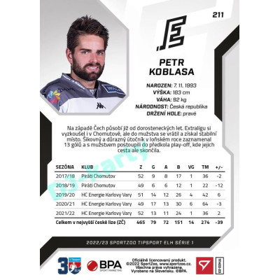 2022/23 Sportzoo ELH 1. série #211 Petr Koblasa