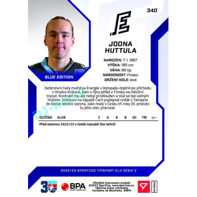 2022/23 Sportzoo ELH 2. série #340 Joona Huttula Blue xx/99