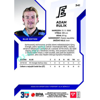 2022/23 Sportzoo ELH 2. série #341 Adam Rulík Blue xx/99