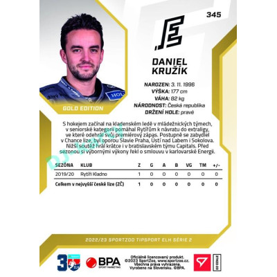 2022/23 Sportzoo ELH 2. série #345 Daniel Kružík Gold xx/19