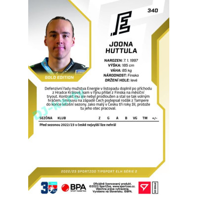 2022/23 Sportzoo ELH 2. série #340 Joona Huttula Gold xx/19